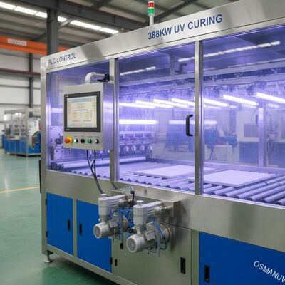 MDF বোর্ড 388kw Uv লাইট কিউরিং স্প্রে লেপ মেশিন পিএলসি কন্ট্রোল ক্যালসিয়াম সিলিকেট বোর্ড