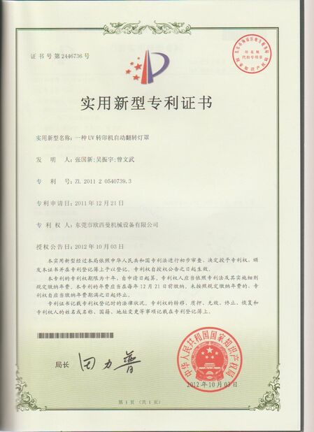 চীন Dongguan Osmanuv Machinery Equipment Co., Ltd সার্টিফিকেশন